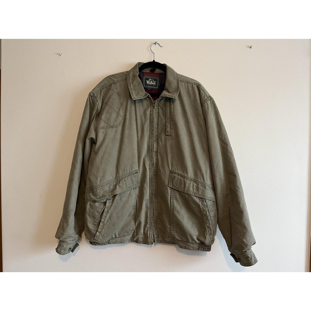 Vintage Woolrich Jacket Mens Large Green Canvas Bomber Plaid Lined USA 90s